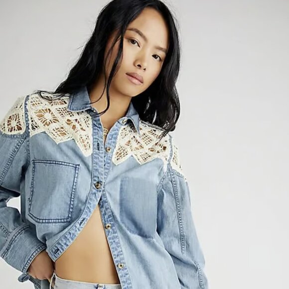 We The Free Denim Fields Top, Buttondown, Lace & Crochet, New, Small - Picture 1 of 7